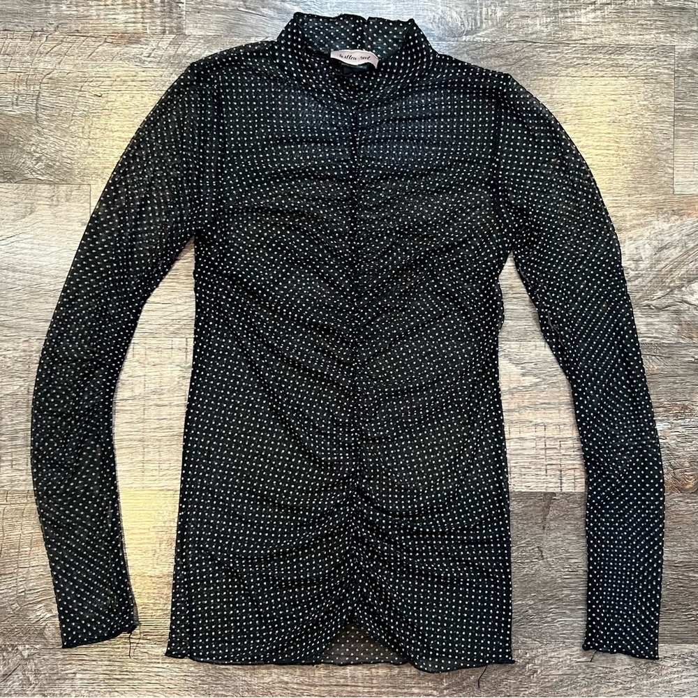Willow and Root Polka Dot Black Mesh Long Sleeve Mock Neck Women’s XS Top Buckle